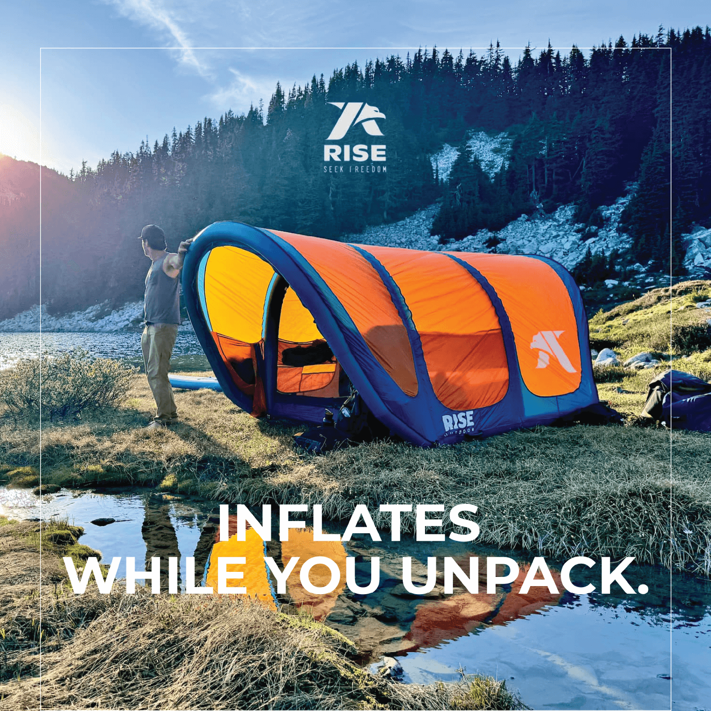 Rise Outdoor inflatable tent by a mountain lake